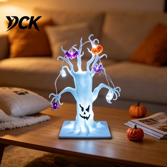 Light Up Ghost Tree for Party Lighted Halloween Spooky Dead Tabletop Decor, Face Haunted Scary Atmosphere Props Bar with Pumpkin Spider LED