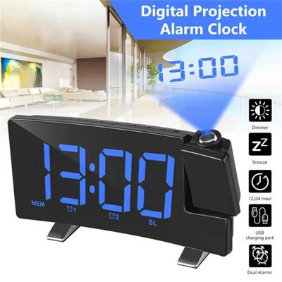 Projektionsuhren FM-Radio Digitaler Wecker mit gebogenem Bildschirm LED-Anzeige mit Dimmer USB-Aufladung Schlafzimmeruhr Wanddekoration