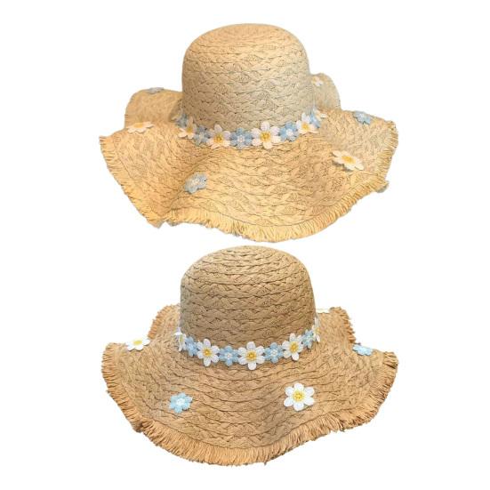Sun Hat Hand-Crocheted Chrysanthemums Large Brim Strong Sun Protection Wave Shape Face Slimming Vacation Style Travel Hat