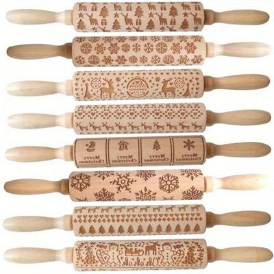1 peça de rolo de massa de impressão de madeira para Natal, esculturas de madeira, relevo de alce, floco de neve, árvore de Natal, boneco de neve, rolo de massa, 8 opções de estilos