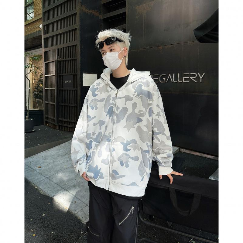 Men's Retro Camouflage Double Hood Cardigan Hoodie – Spring/Autumn Trendy Emotional Couple Sweatshirt