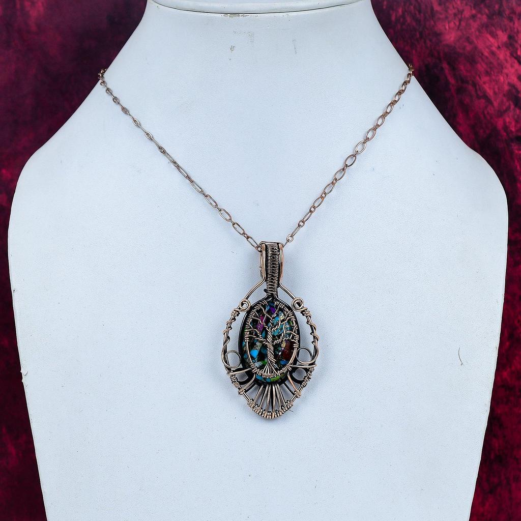 Tree Of Life Fiesta Kingman Turquoise Pendant Copper Wire Wrapped Jewelry