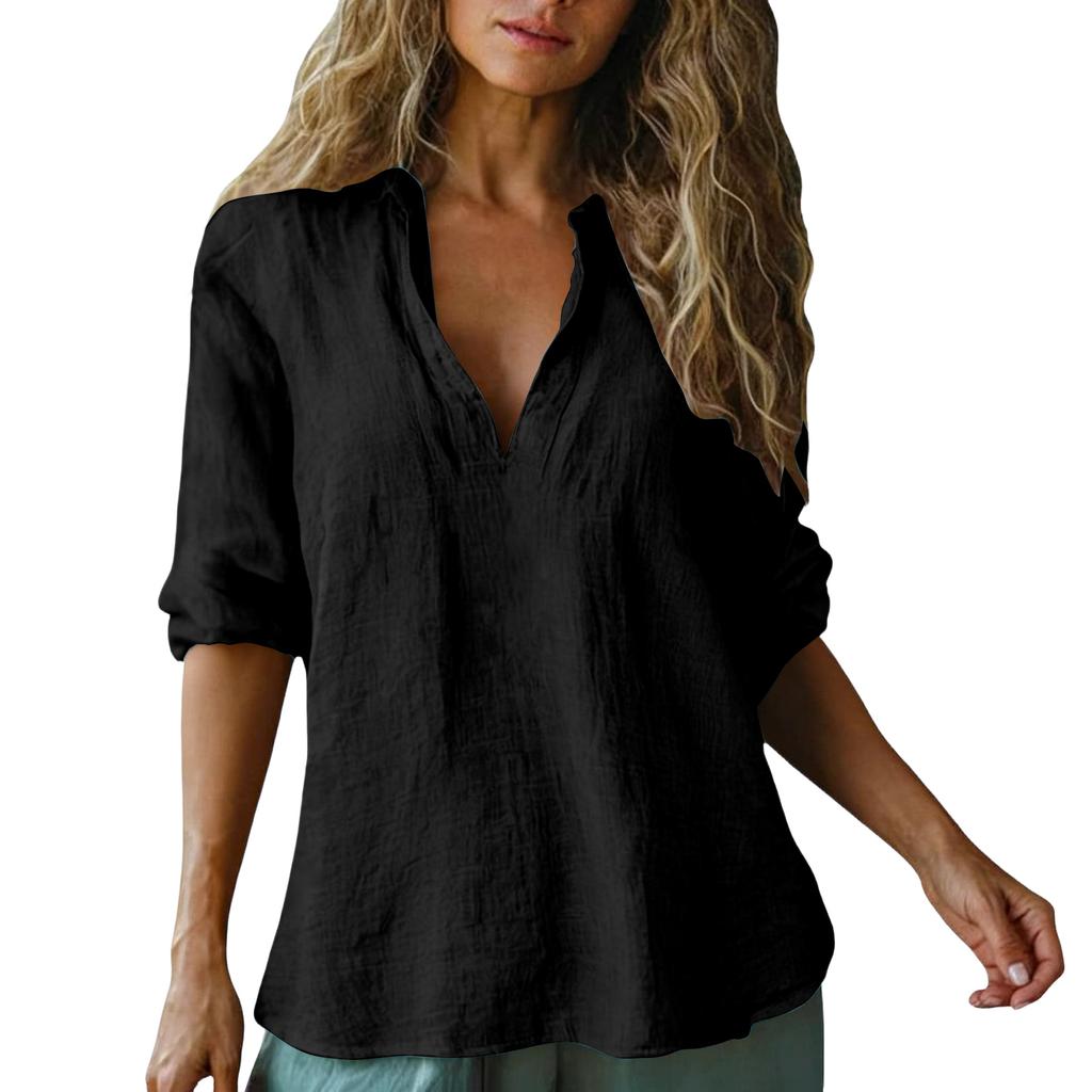 Women's Fashion Casual V-Neck Cotton-Linen Blend Shirt Loose-Fit Short-Sleeve Top