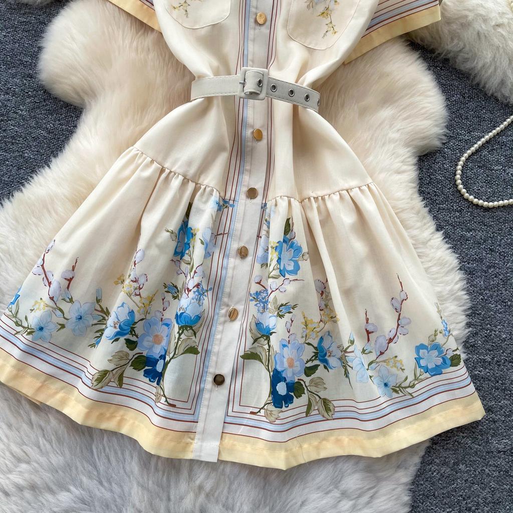 Elegant Floral Print Short Dress for Women Summer Turn Down Collar Short Sleeve Slim Shirt Dress Female with Belt