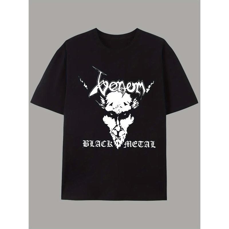 European sizes Men's Edgy Metal Skull Print T-Shirt - Gothic Heavy-Duty Short Sleeve Round Neck Top  | Machine-Washable Summer Casual Wear