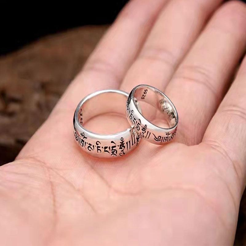 925 Silver Plated Retro Thai Six-Character Mantra Ring for Men & Women - Trendy Tibetan Silver Couple Pinky Ring