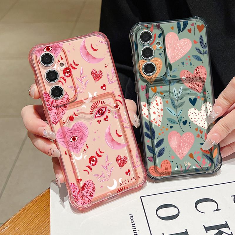 Pink Love Heart Leaves Print Clear Phone Case For Samsung Galaxy S26 S25 S24 S23 S22 Ultra S25 Edge S24 FE Card Bag Wallet Cover