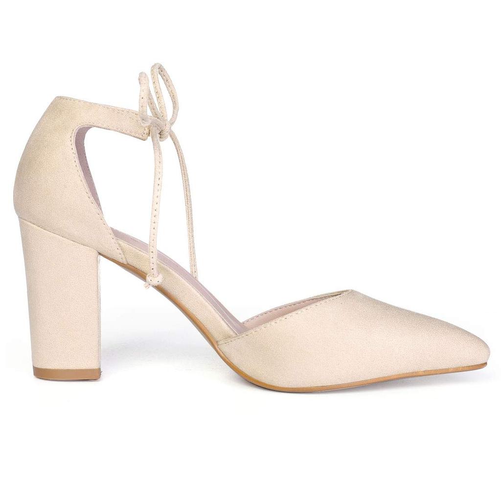 Allegra K Women's Ankle-Tie Chunky Heel Pointed Toe Pumps, Beige, Size 24.5cm