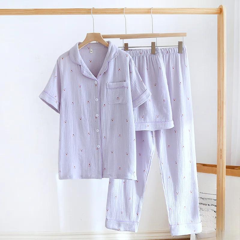 Cotton Women's Pajamas Printed Short Sleeve 3 Pieces Set Spring Summer Homewear Night Suit Female Sleepwear Sleep Clothes
