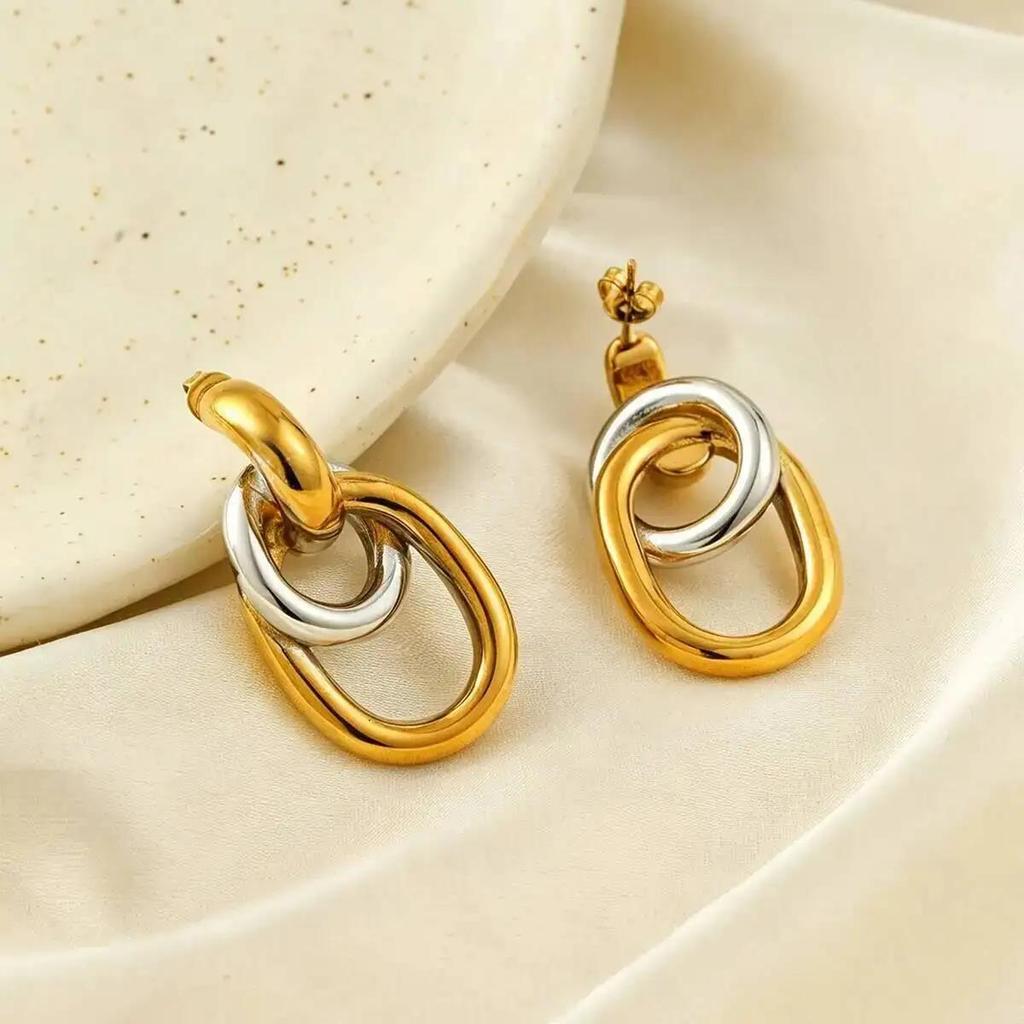 New Vintage Stainless Steel Double Circle Stud Earrings for Women Simple Irregular Elliptical Earrings Waterproof Jewelry