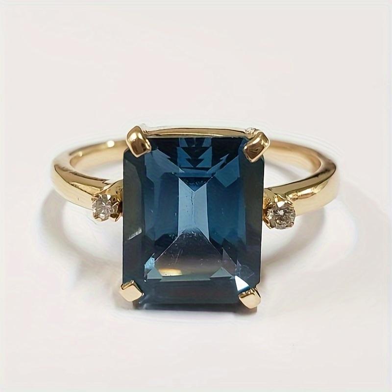 6-10 Size Trendy Blue Color Square Inlaid Zircon Ring, Suitable for Women's Daily Holiday Party Jewelry Gifts