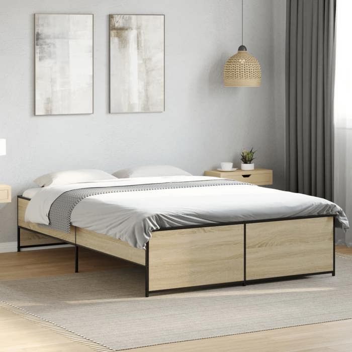VidaXL Cadre de lit chêne sonoma 135x190 cm bois d'ingénierie et métal, lit, lit d'invité, lit double, meuble de chambre à 3279903