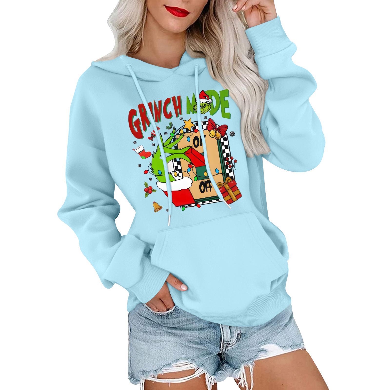 

Женский модный, расслабленный и удобный свитер с круглым вырезом и капюшоном, с длинными рукавами и рождественским принтом, теплый свитер M