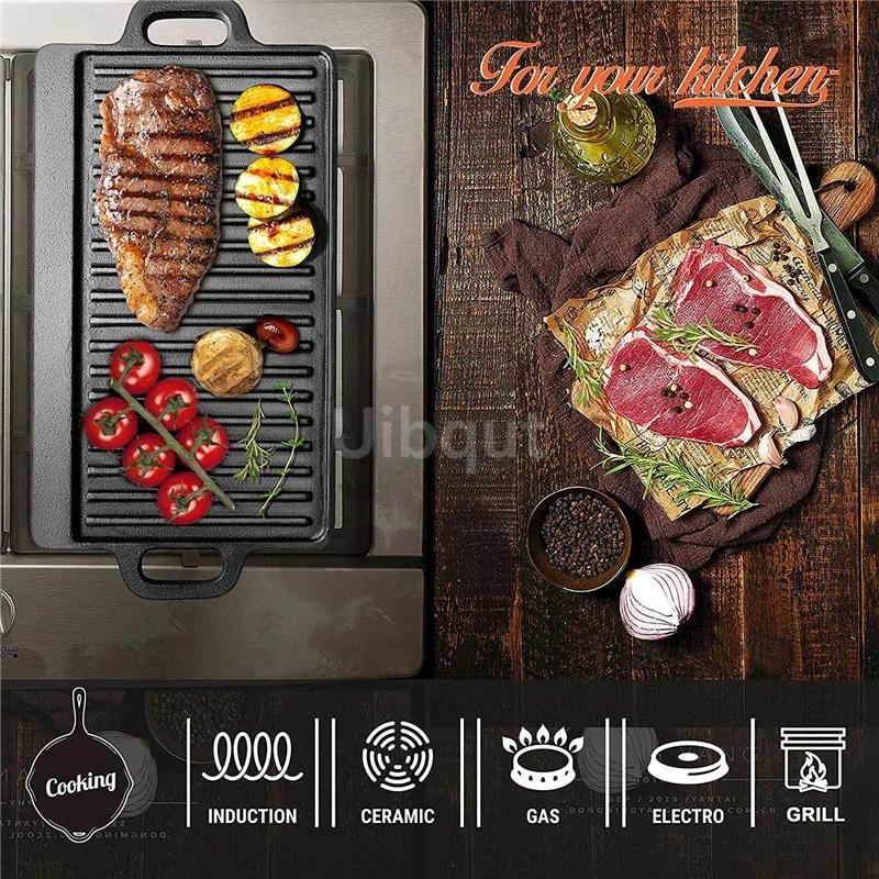 Barbecue tray Cast iron baking tray Outdoor rectangular barbecue pan Steak Barbecue Plate Double sided baking tray Iron plate