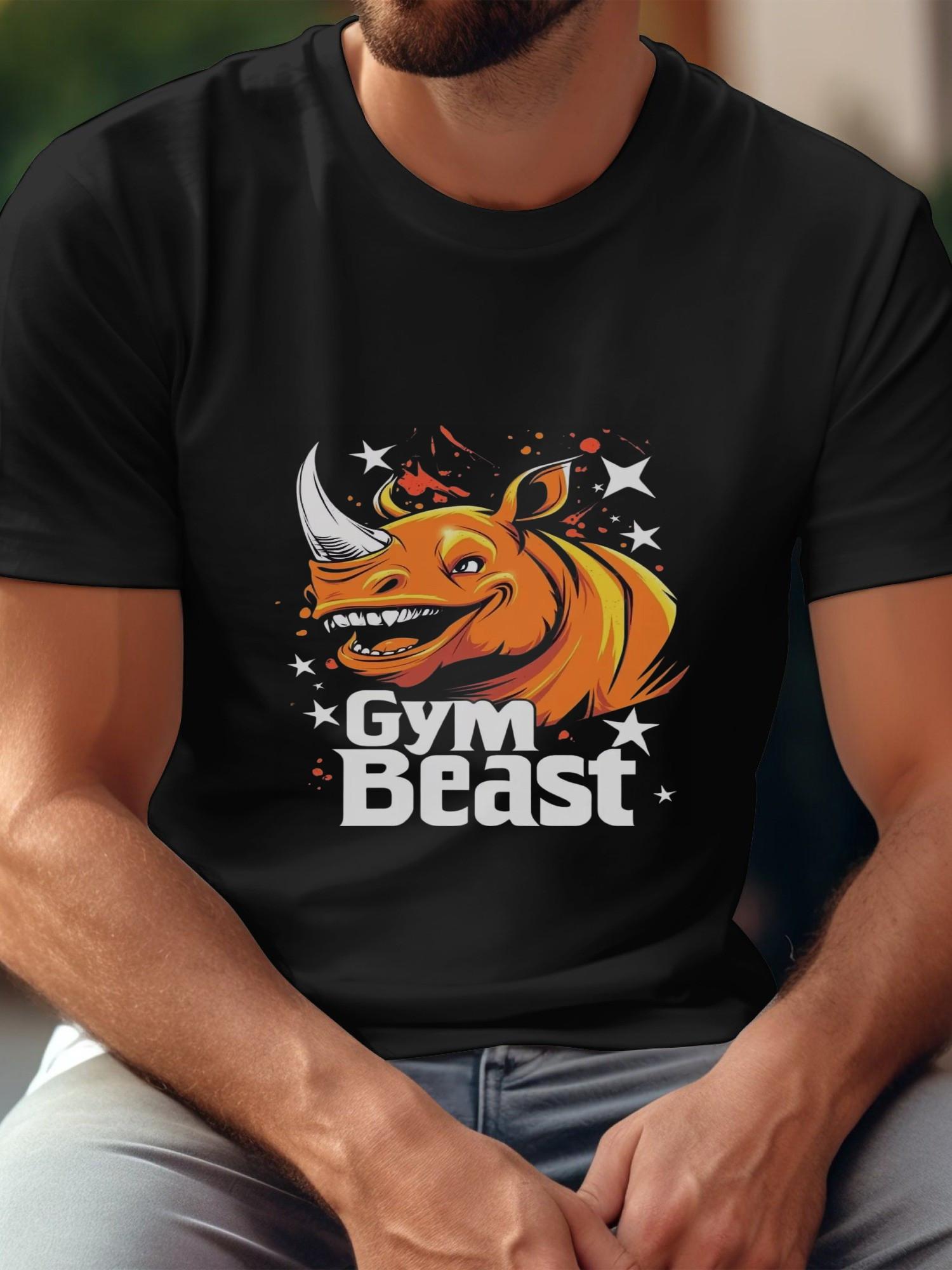 1pc Gym Beast Rhino Graphic T-shirt - 180g Cotton Crew Neck Short Sleeve XXXL