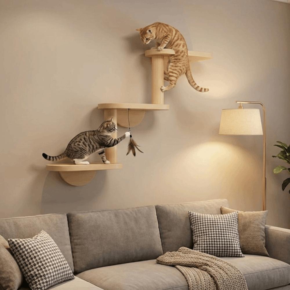 3-Level Wall Mounted Cat Tree Solid Wood Cat Sisal Scratching Post Cat Perch  Pet Playground