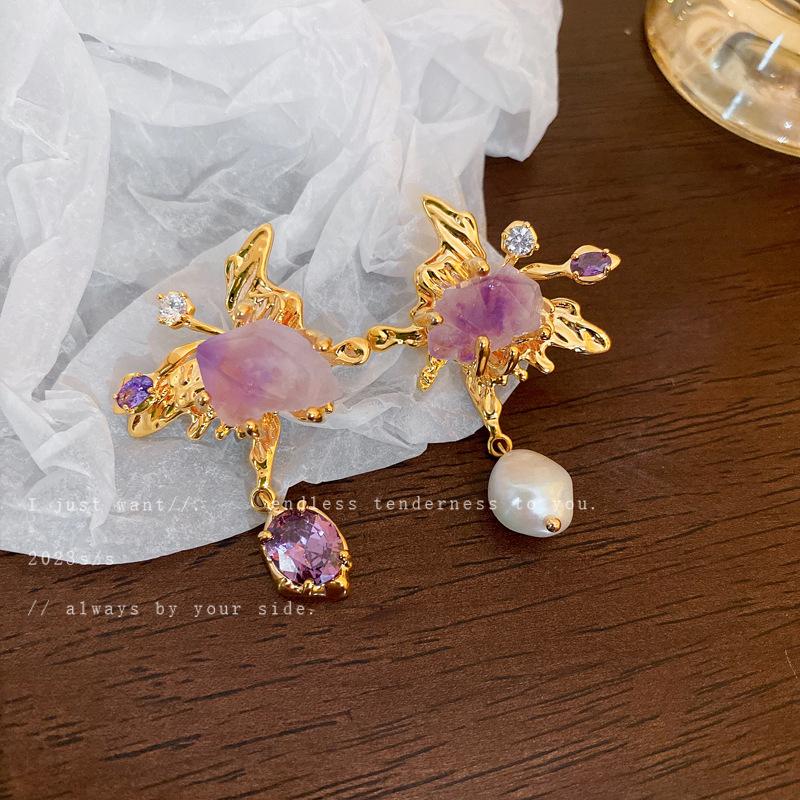 Asymmetrical Freshwater Pearl Zircon Butterfly Earrings Retro Light Luxury Stud Earrings Korean Temperament Earrings