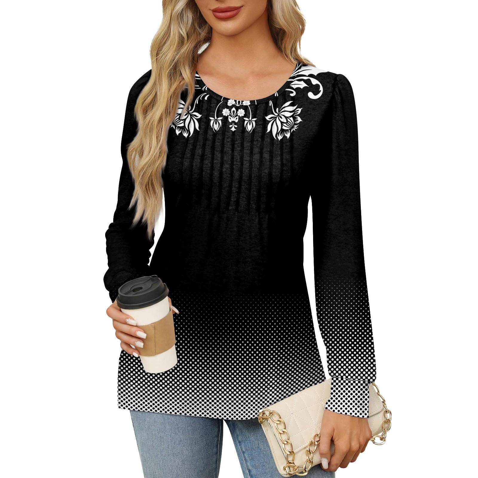 

Женская повседневная плиссированная футболка с круглым вырезом и длинными рукавами с градиентным принтом XL