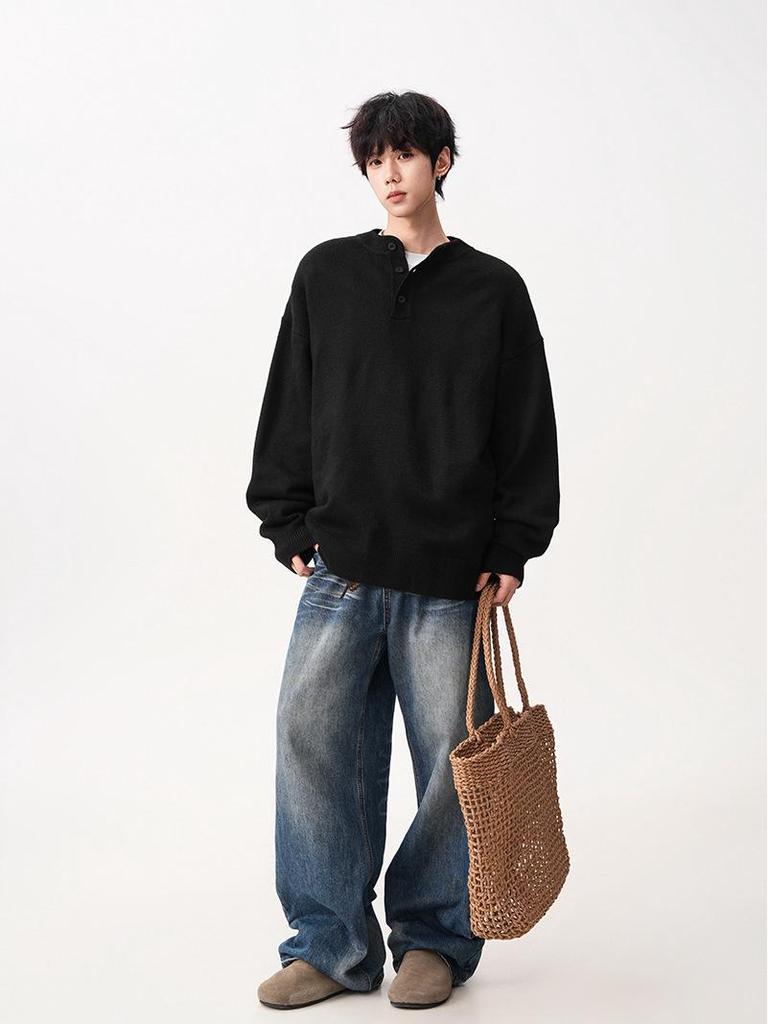 Men's Trendy Solid Color Henley Neck Sweater Jacket - Autumn Winter Loose Casual Knitwear