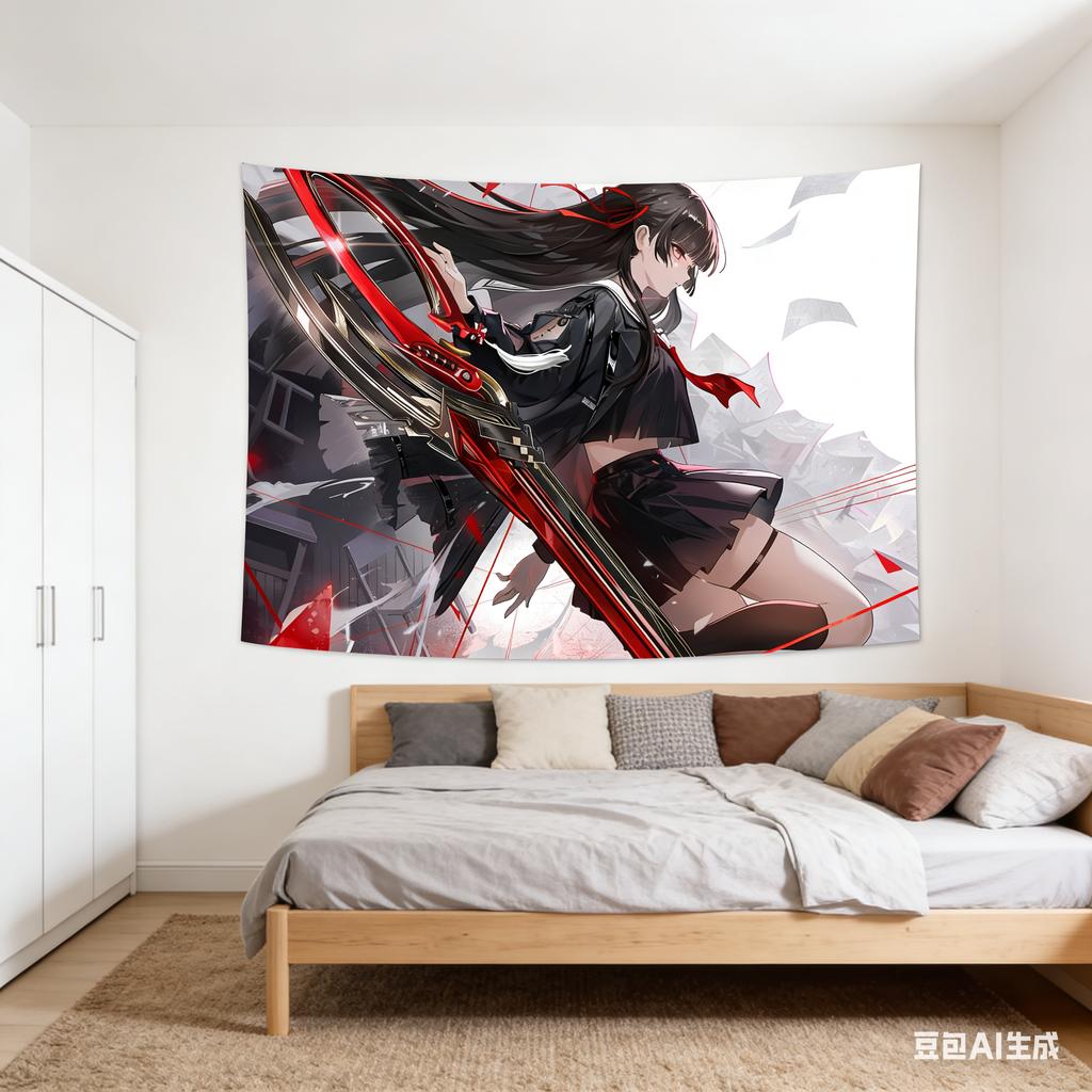 Dark Anime Girl with Red Scythe Tapestry Cool Action Character Print Wall Hanging for Teen Bedroom Game Room Decor