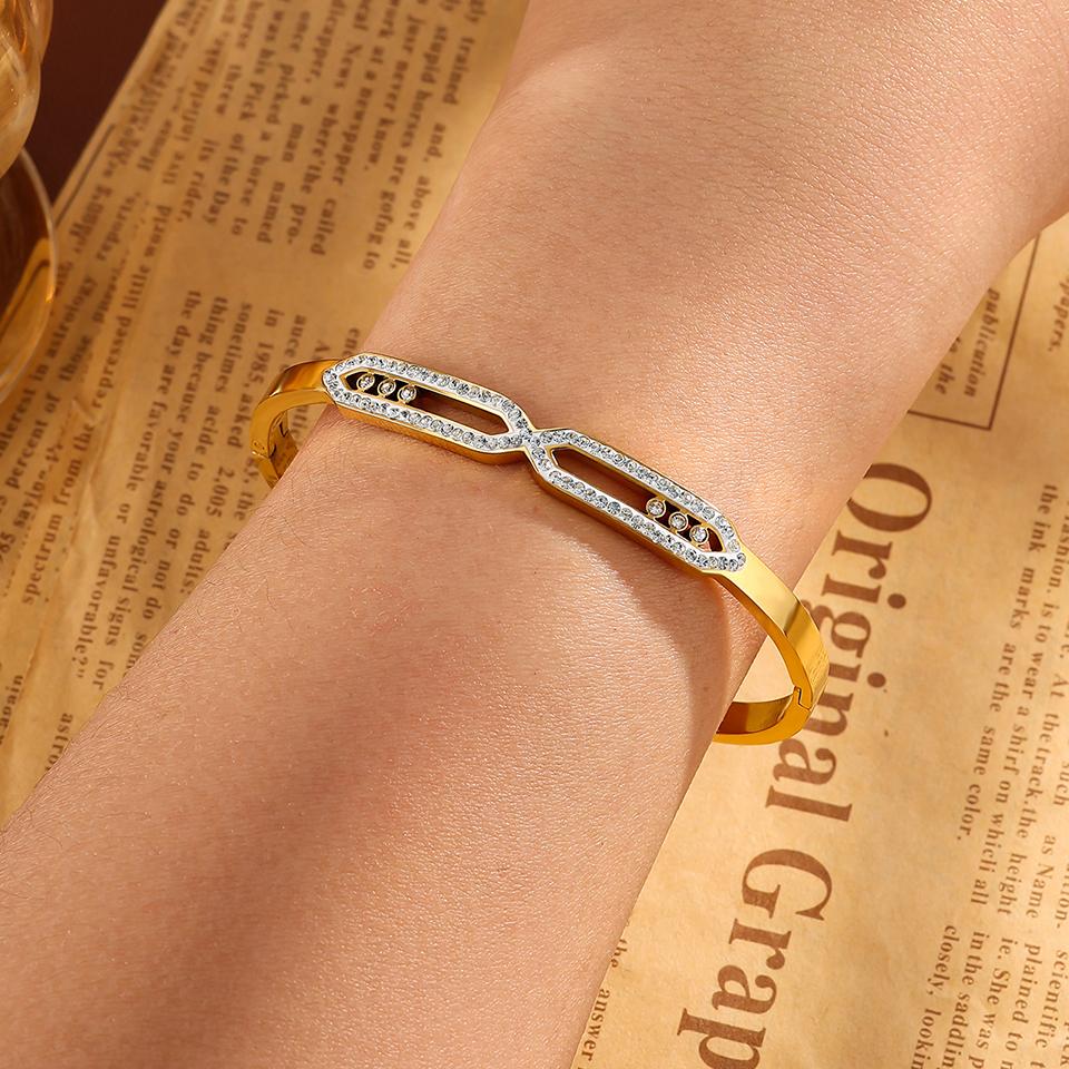 Htpwe Stainless Steel Crystal-shaped Zirconium Hollow Bracelet Women Plated 18k Gold Couple Holiday Gift Bracelet Party Zircon