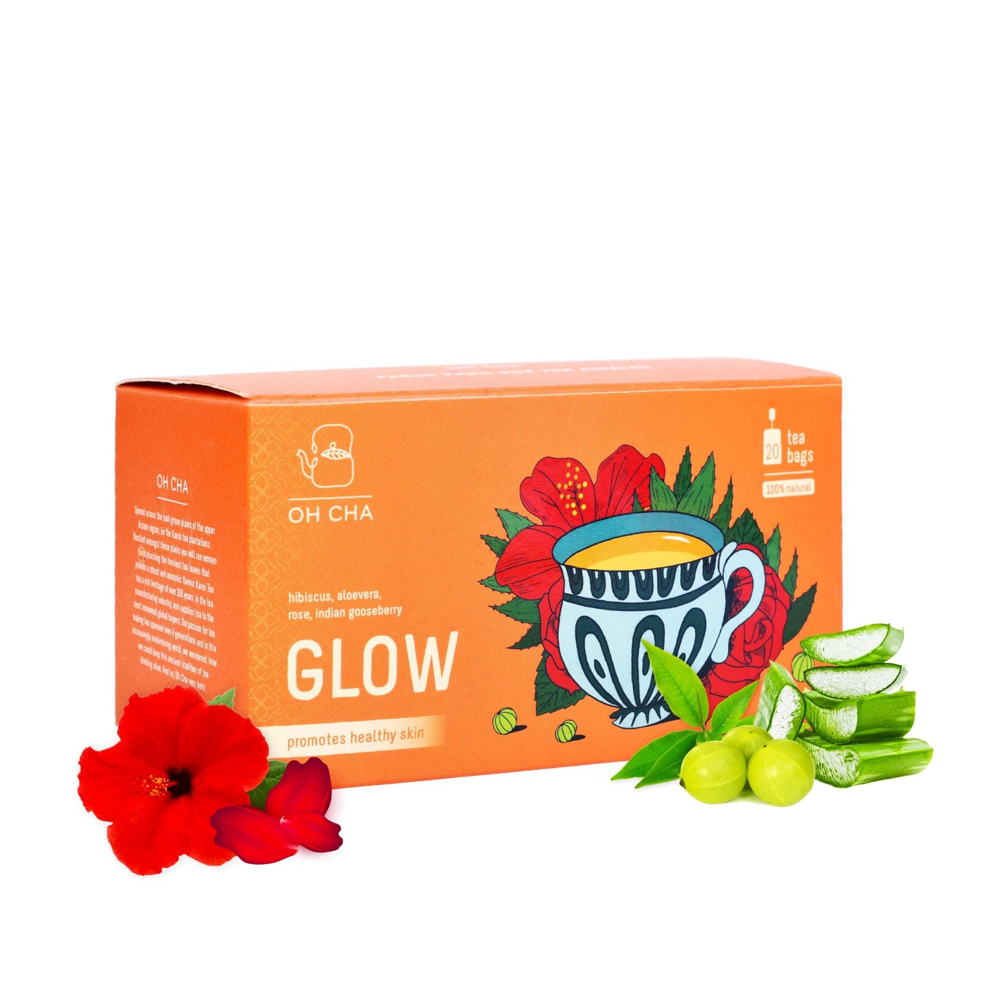OH CHA - Skin GLOW Tea | Green Tea for Weight Loss, Skin Care and Healthy Hair with Hibiscus, Rose, Indian gooseberry, Aloe Vera | Restores,