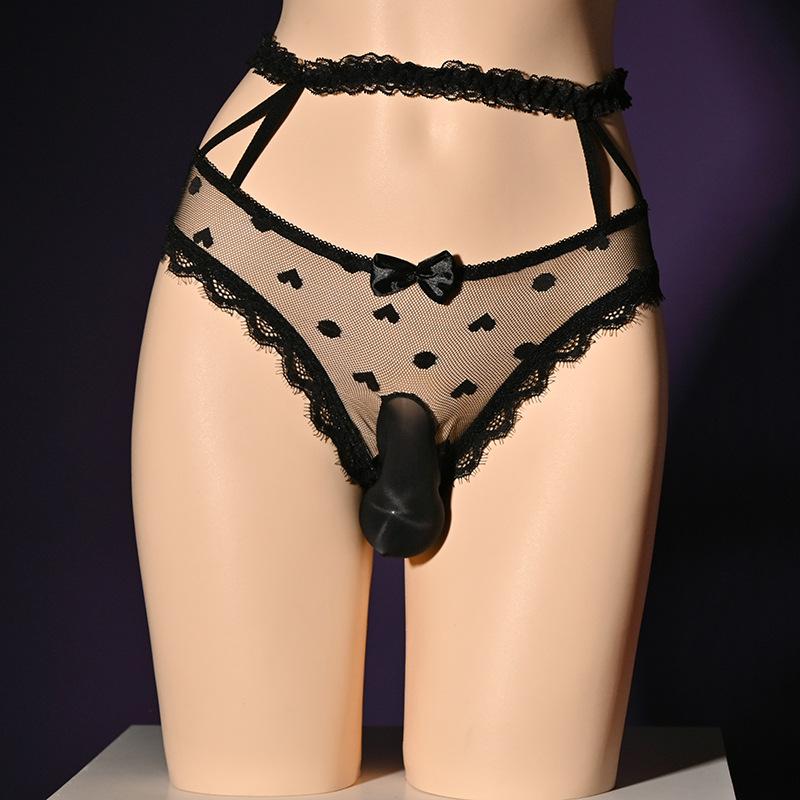 Men Sissy Panties Japanese Embroidery Lace Underpant Hollow Waist Sheer Briefs Open Close Penis Sheath Crossdressing Underwear