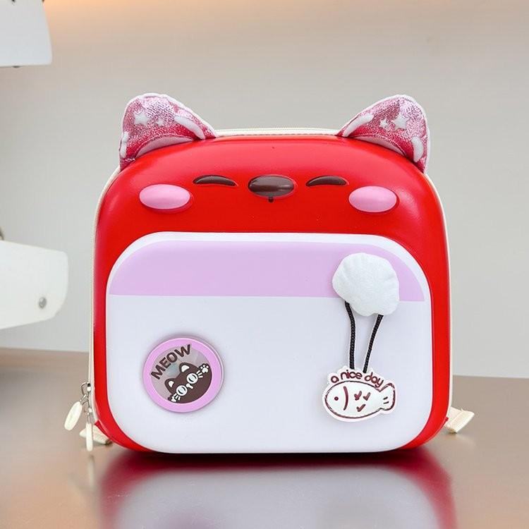 Blocked Color Cute Cartoon Cat Pattern Children Hard Shell Square Backpack