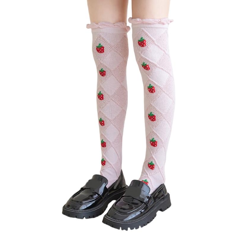 Baby Girls Long Tube Socks Spring Autumn Summer Thin Kids Strawberry Printed Socks Over Knee Length Stockings