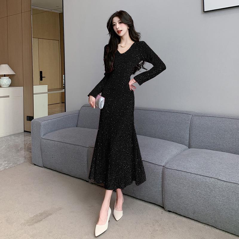 Women's V-Neck Long-Sleeve Sequin Fishtail Dress (2024 Autumn/Winter Collection)