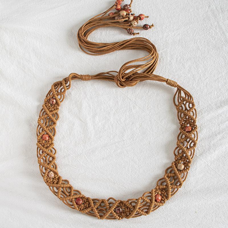 Boho Style Wax Rope Weaving Knotted Ethnic Style Handmade Wooden Beads Women's Belt Leisure Vacation Style Exquisite Waist Rope