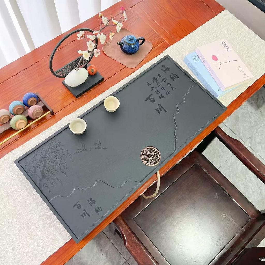 Synthetic King Black Stone Tea Tray Simple Modern Style Living Room Office Home Use Drainage Tea Set Tray Rectangular Shape