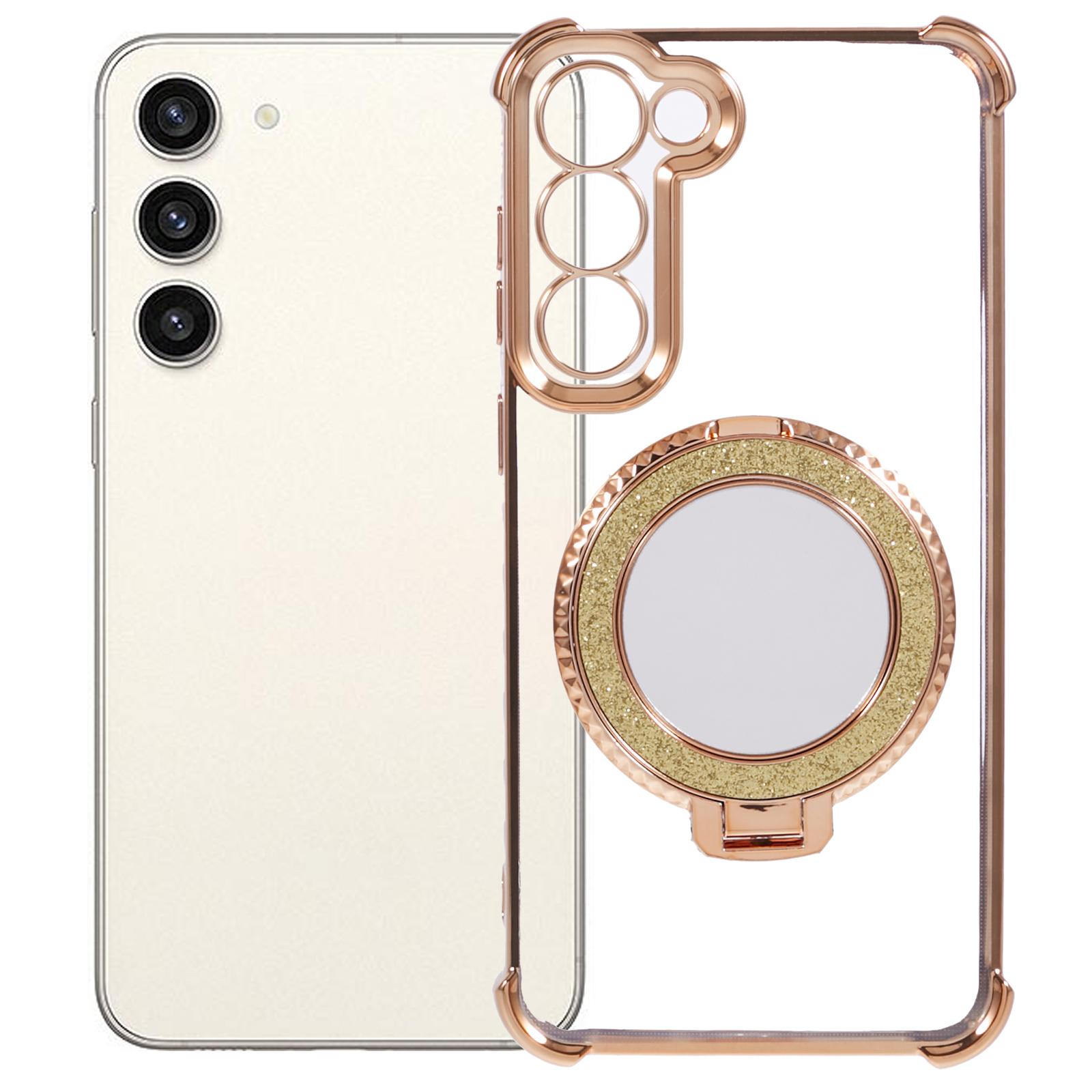 

For Samsung Galaxy S23 Case Mirror Kickstand TPU Phone Cover Side Heart Pattern Gold