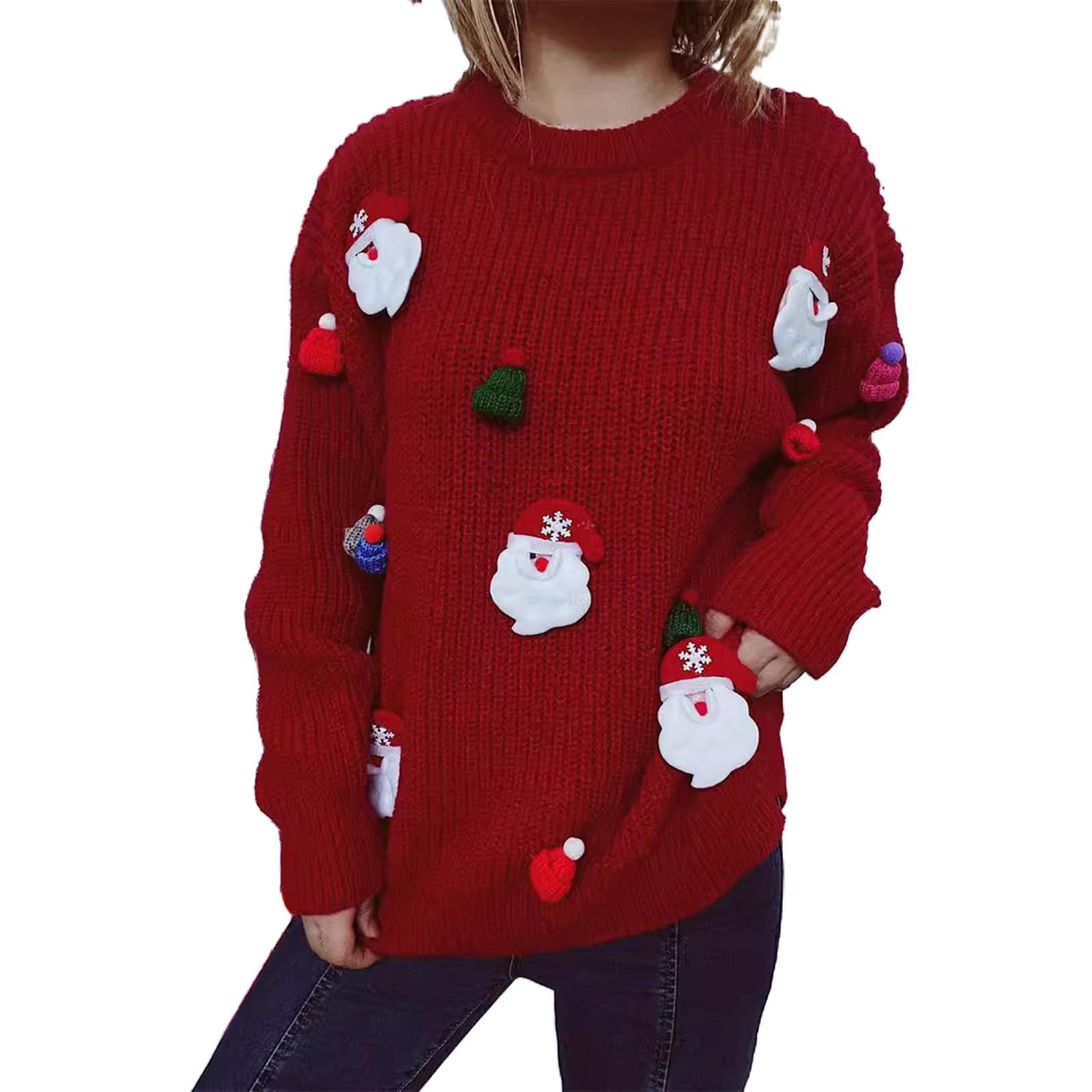 

Женская мода осень и зима рождественский свободный круглый вырез пуловер вязаный свитер XL красный