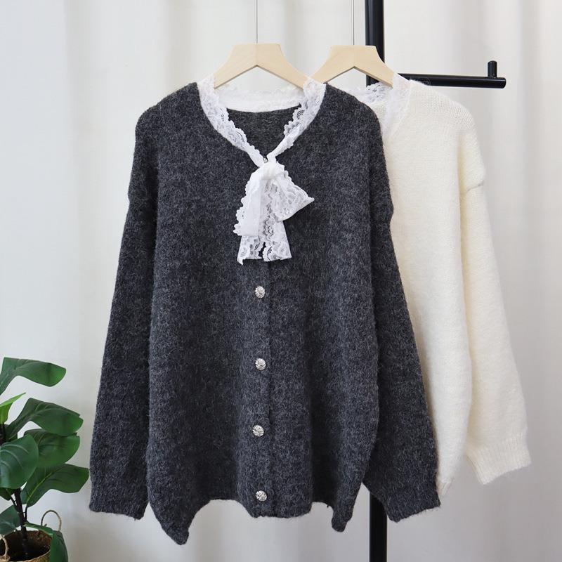 Autumn and Winter New Loose Splicing Lace Knitted Cardigan Soft Waxy Sweet Gentle Wind Sweater Jacket Women