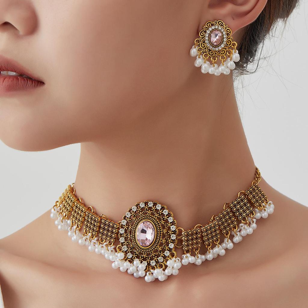 Cross-Border Ethnic Rhinestone Tassel Necklace & Earring Set