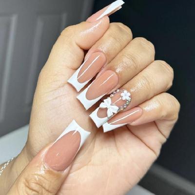 24 Stück Press-On-Nägel Lang Quadratisch Französisch Blume Schleifen Falsche Nägel Set Aufkleber Nägel Vollabdeckung Nageldekoration Für Party