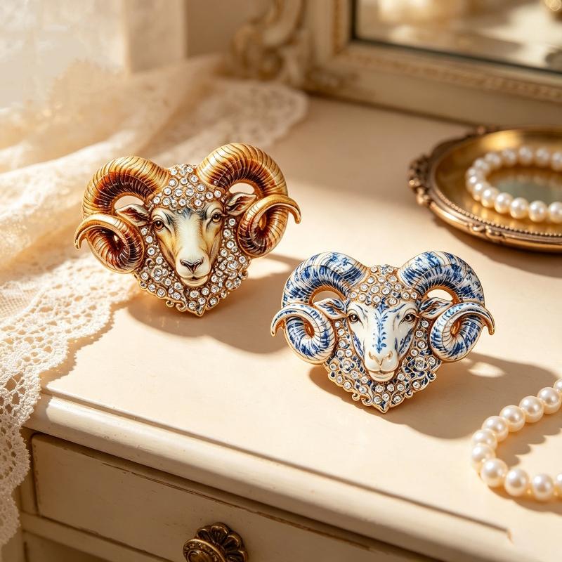 Vintage Ram Head Brooch Sparkling Rhinestone Inlay Eco Friendly Enamel Craft For Daily Wear Party Outfits Jewelry Gifts