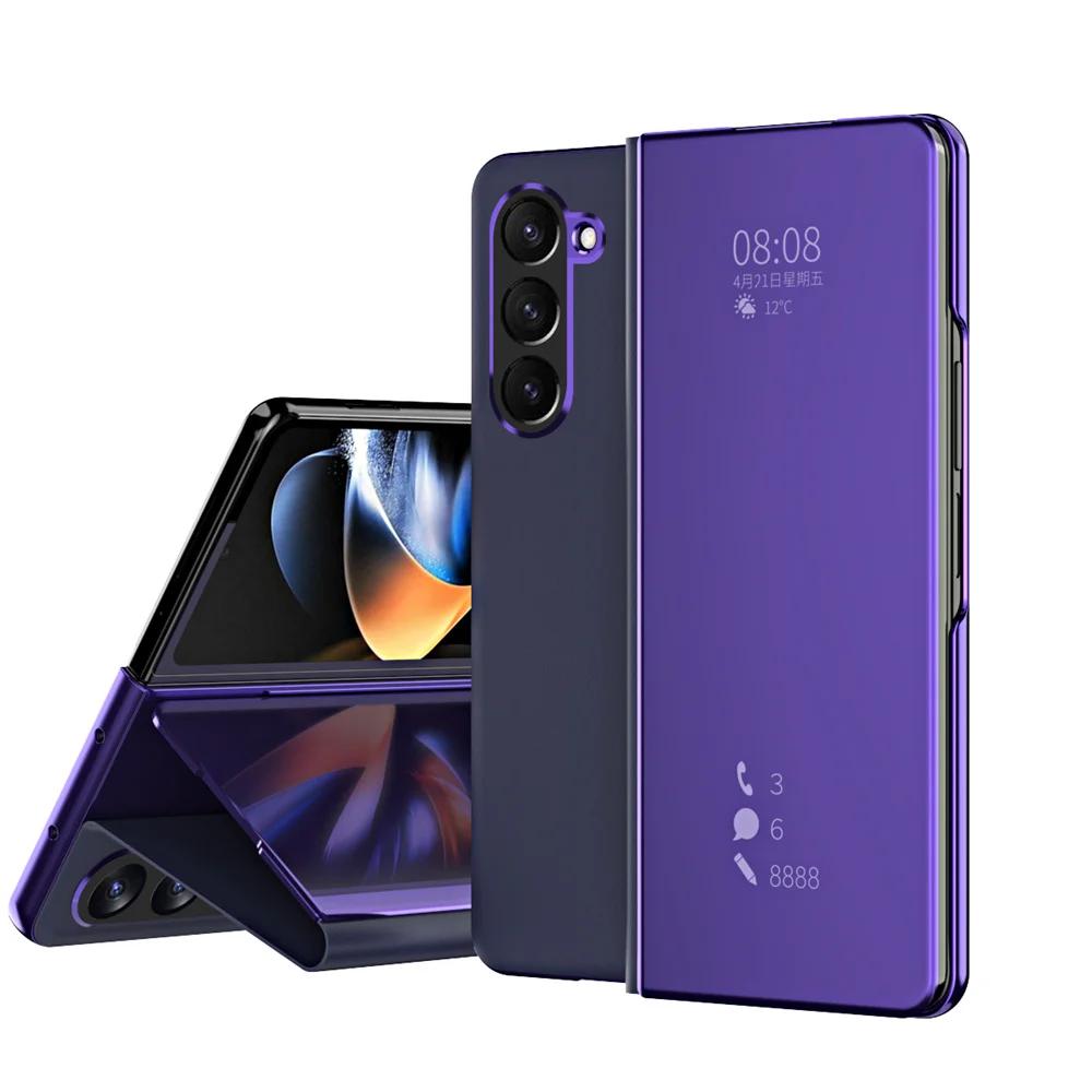 Luxury Side Window Smart Dormancy Case for Samsung Galaxy Z Fold 7 6 5 4 3 Plating Mirror PU Leather Stand Cover for Z Fold 7