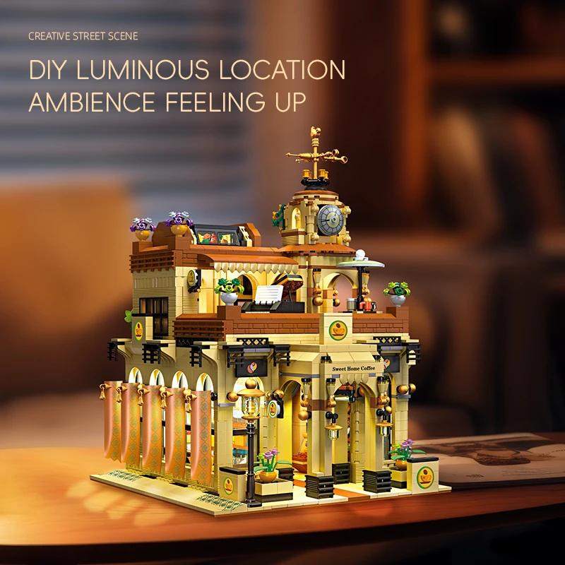 2987PCS Coffee Shop Building Blocks European Style Vintage Cafe  Model Bricks Set With Light Desktop Ornaments Kids DIY Toy Gift