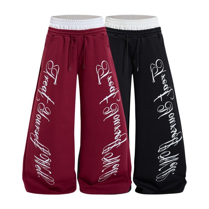 Mens Loose Wide-Leg Curved Pants Streetwear Letter Print Casual Trousers