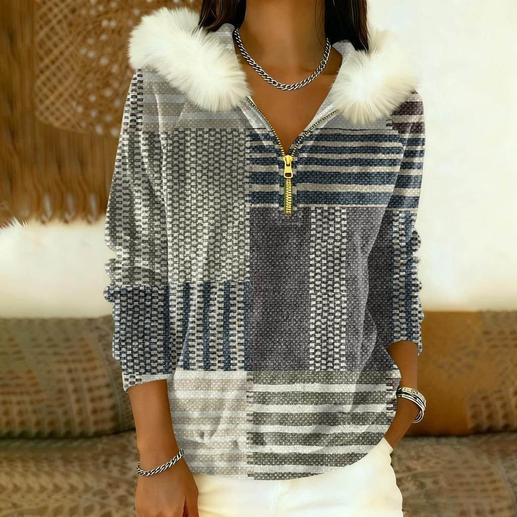 Women's Loose And Comfortable Casual Fashion Half-Zip Hooded Long Sleeve Conventional Printing Top