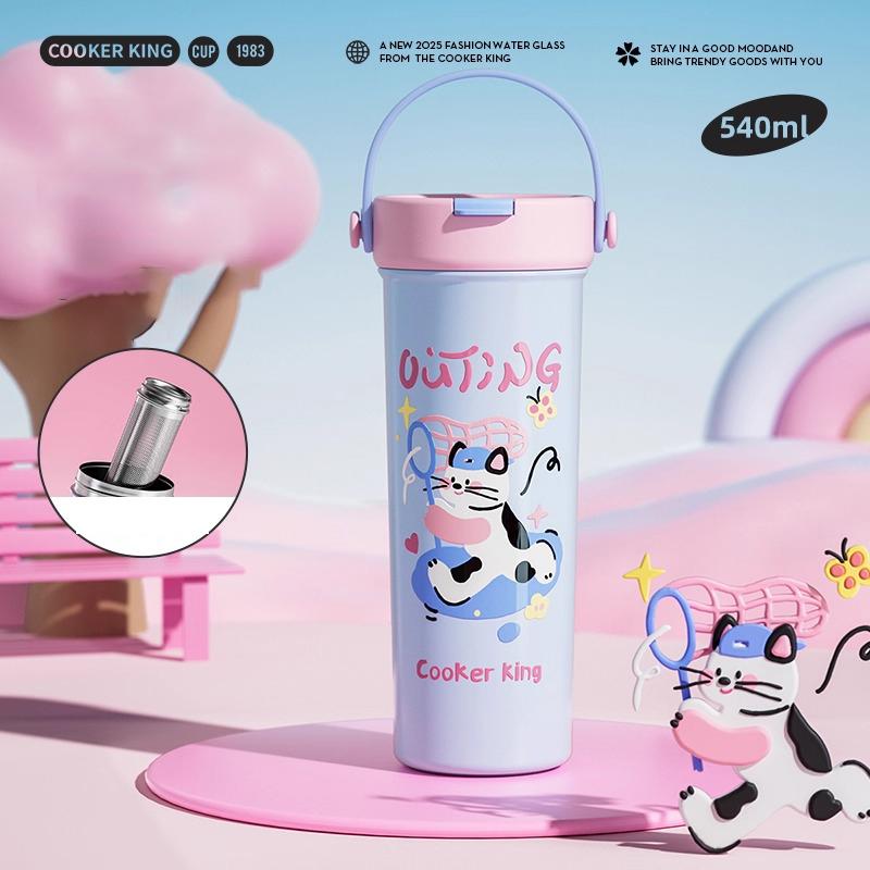 

COOKER KING 540ML 316 Stainless Steel Straw Cup Handheld Thermos Cup Leakproof Insulated Coffee Cup Outdoor Travel Water Bottle 540ML синий