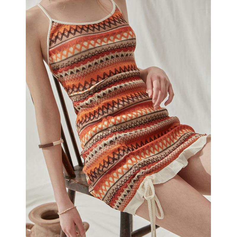 

Retro French temperament striped long skirt split swimsuit female sexy design short skirt senior split swimsuit M