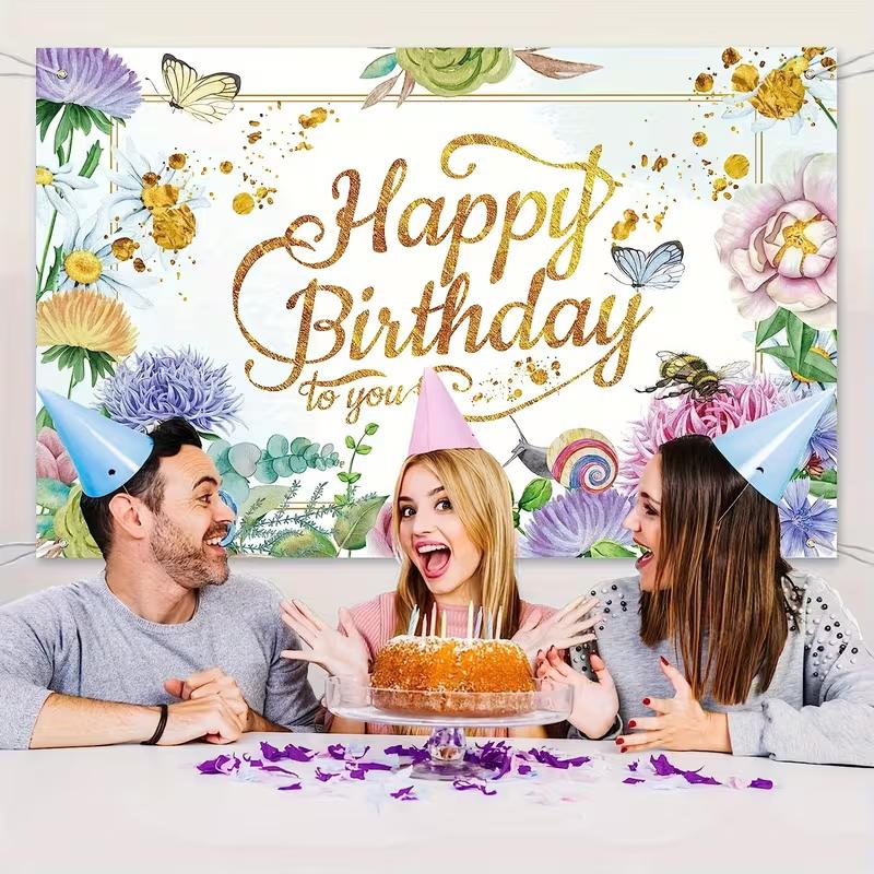 2D Spring Floral Birthday Backdrop, Gold Letter "Happy Birthday To You" Banner, Party Background Cloth