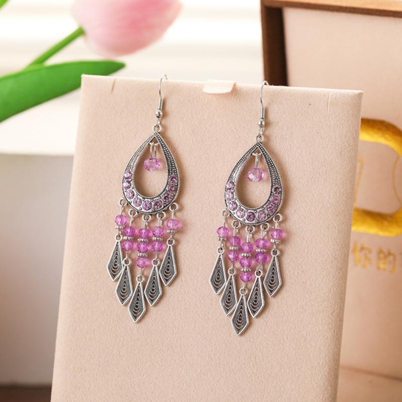 Ethnic Colorful Rhinestone Crystal Tassel Earrings For Women Vintage Niche Water Drop Shaped Earrings Vacation Daily Jewelry
