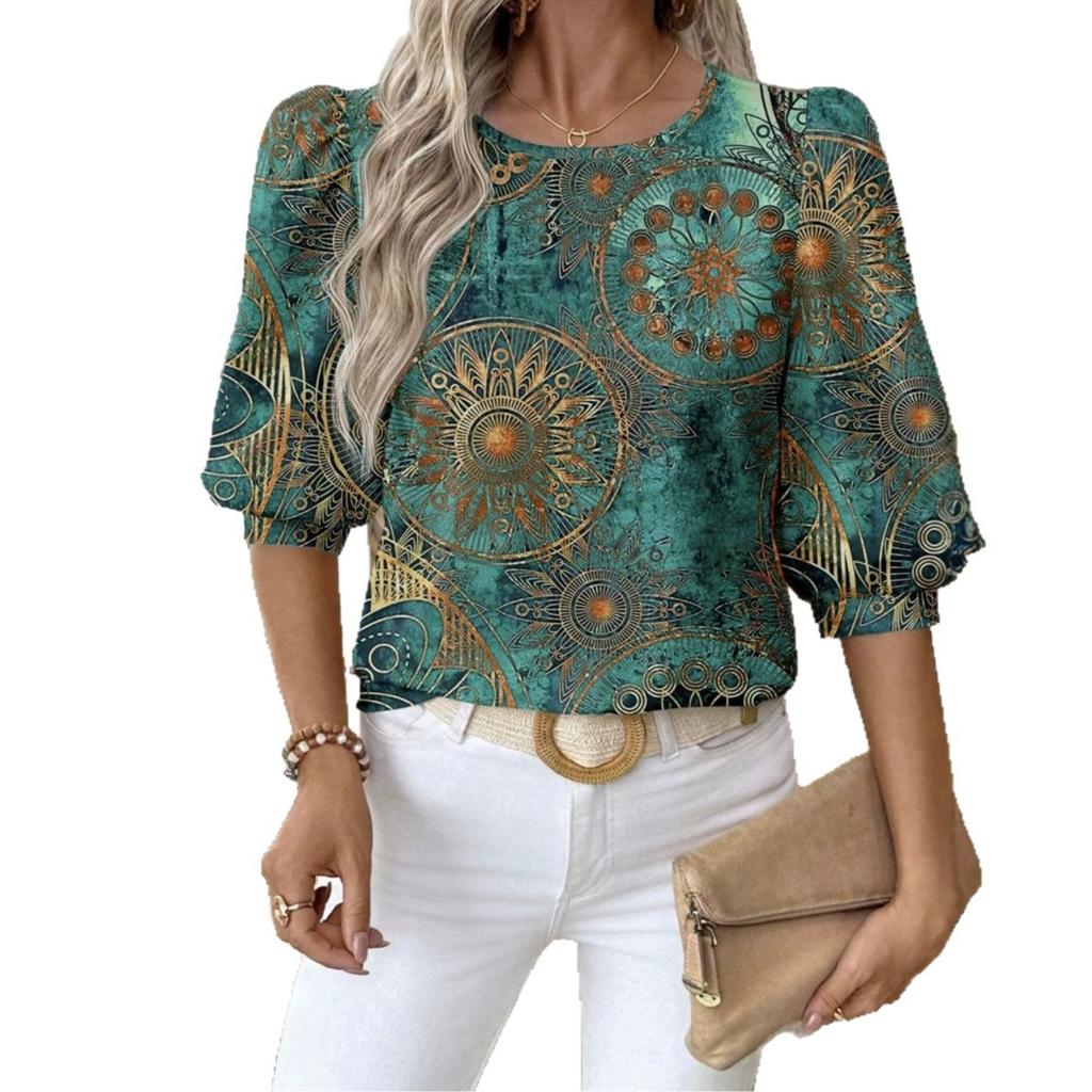 European and American new retro bohemian top, round neck lantern sleeve printed loose holiday medium sleeve shirt