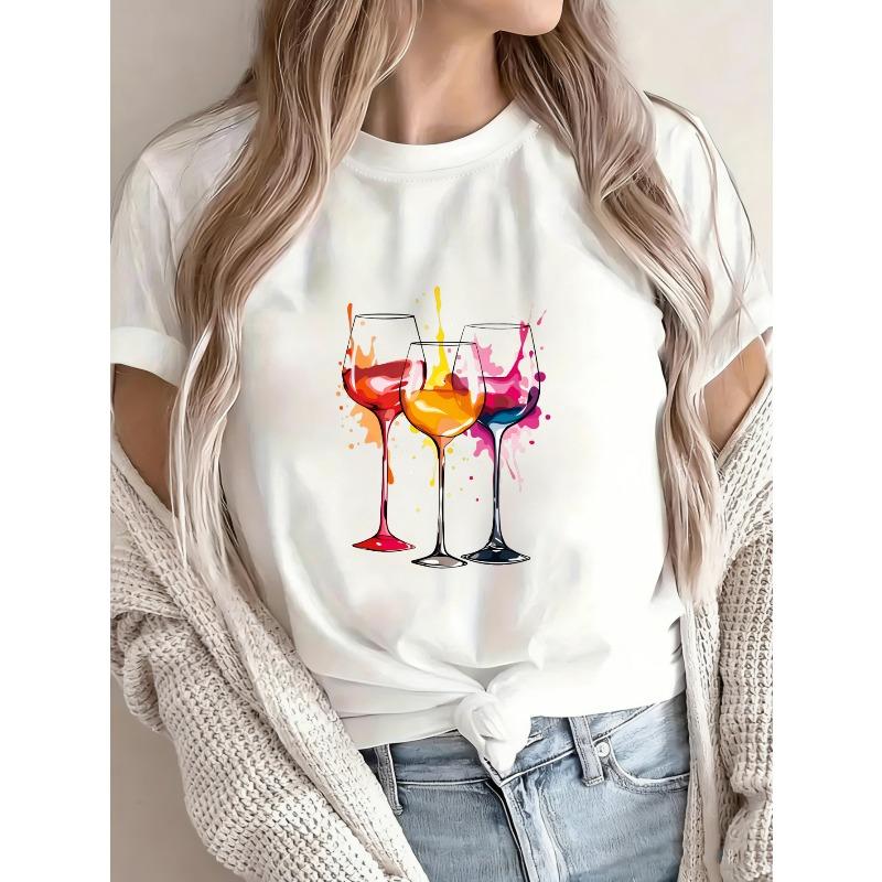 Tricou Alb cu Mânecă Scurtă cu Imprimeu Colorat Pahar de Vin Pentru Ținută Casual