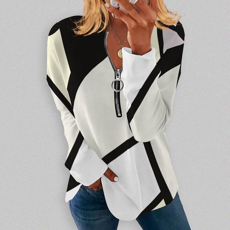 Womens V-Neck Half-Zip Long Sleeve Oversized Hoodie With Geometric Print Casual Comfort Fit 2025
