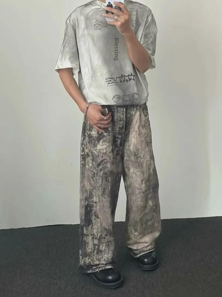 Unisex Hüftjeans mit weitem Bein, 3D-Camouflage und Tintenklecks-Print